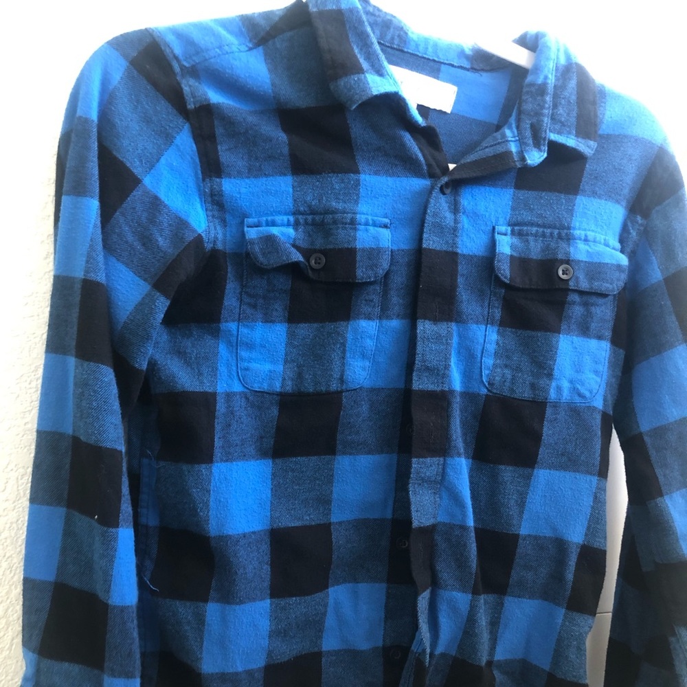 Size 10/12: Boy Button-Up Blue/Black Plaid Shirt